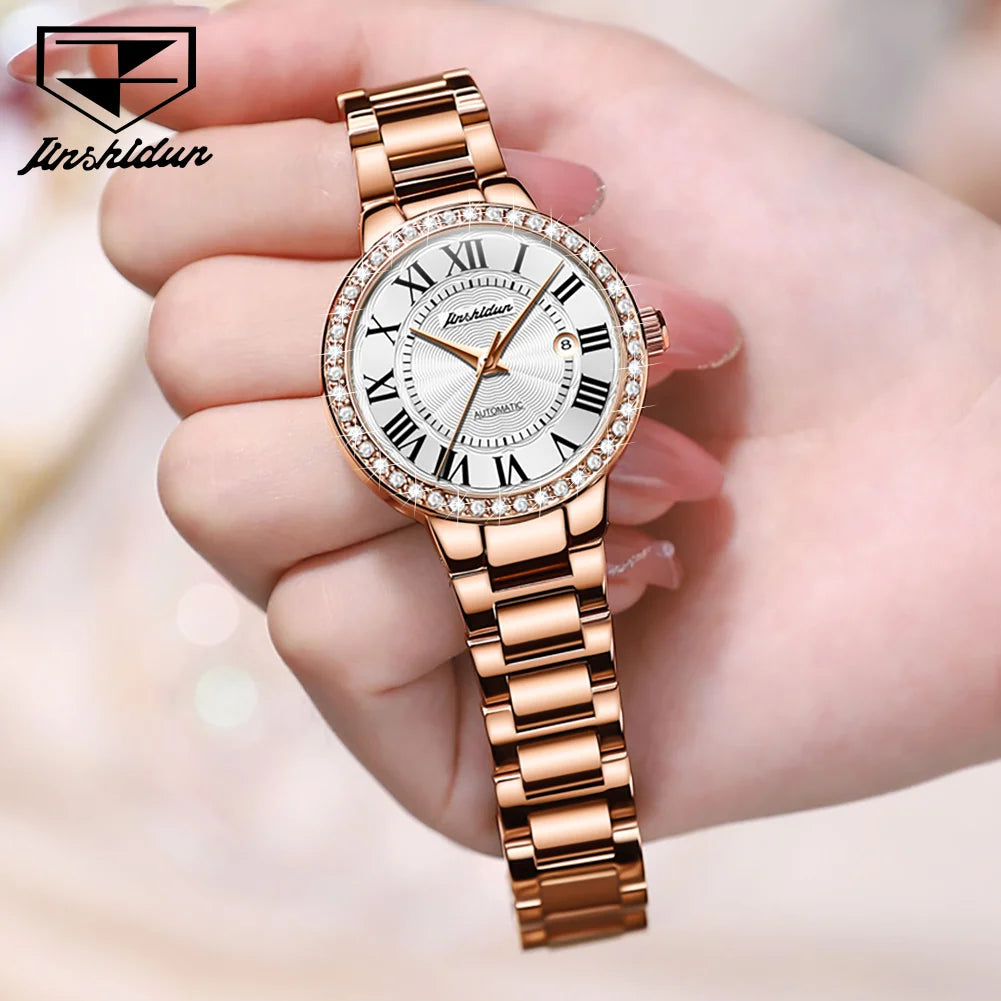 JSDUN Automatic Mechanical Watch for Women Rose Gold Steel Strap Classic Retro Roman Numerals Dial Waterproof Women's Wristwatch