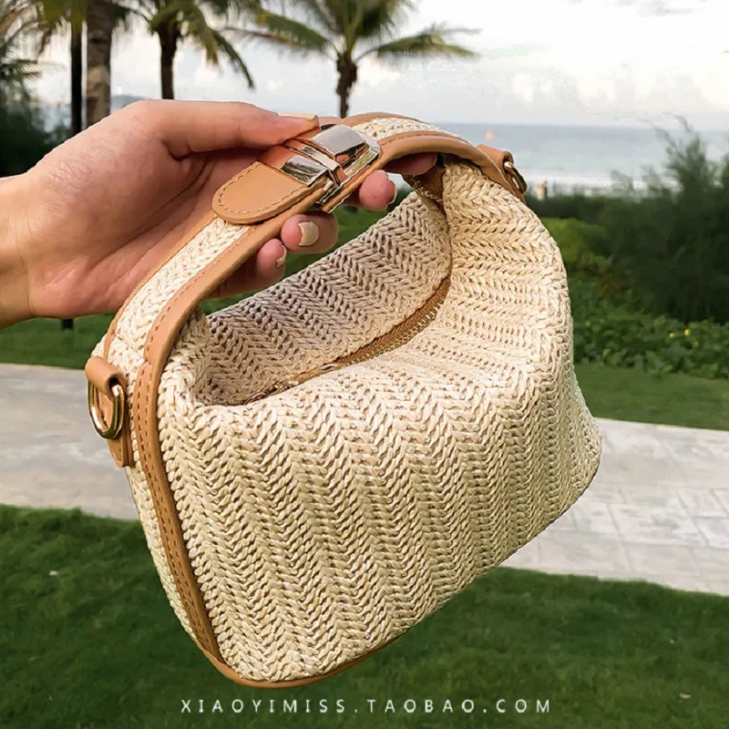 Woven Beige Straw Crossbody Bag Boho-chic Handbag Crochet Straw Shoulder Bag Vacational Bucket Beach Travel Bags for Women