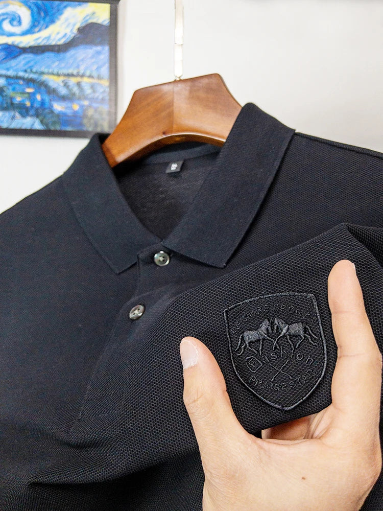 High Quality 100% Cotton Men's Shield Embroidery Lapel 2023  New Design Business Casual Short Sleeve Polo Shirt Split Hem Summer