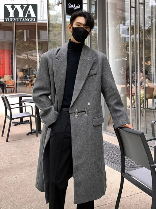 Fashion Men Long Woolen Blends Coat Winter Loose Fit Business Casual Overcoat Metal Buckle Shoulder Pad Windbreaker Trench Coat