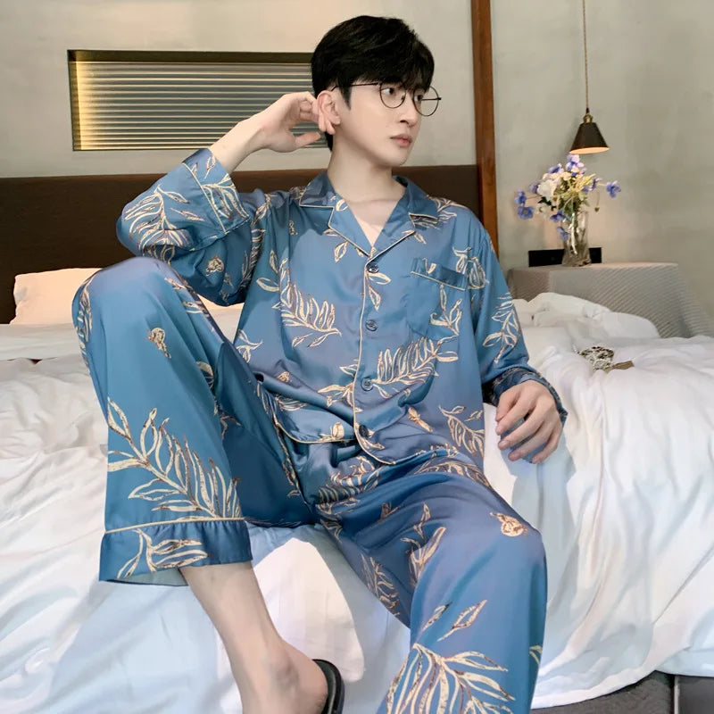 High Quality Pajamas Suit Men Summer Ice Silk Short Sleeved Long Pants Thin Male Satin Sleepwear Youth Homewear Set Gentlemen