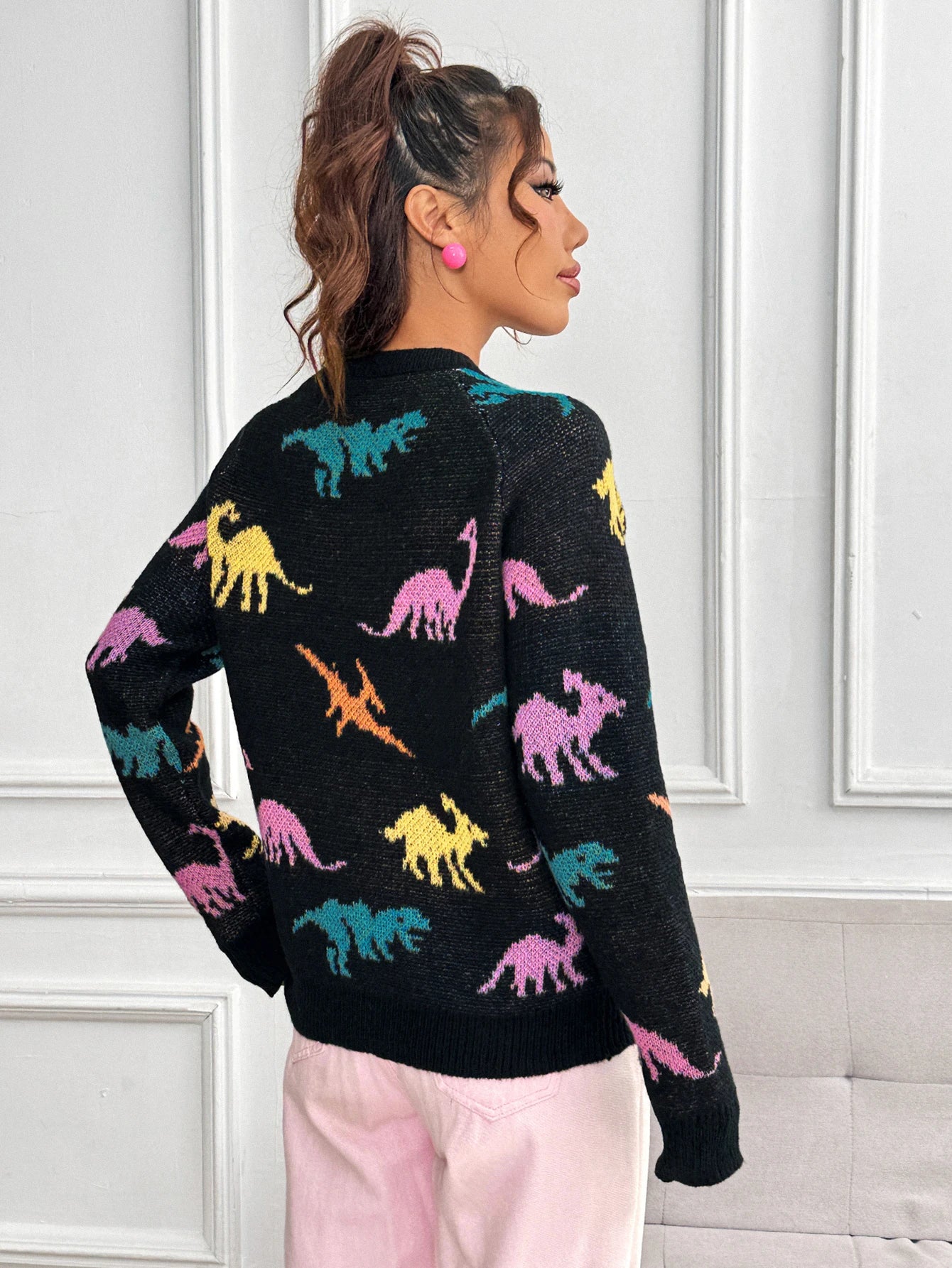 Dinosaurs Print Crew Neck Pullover Sweater  Y2K Long Sleeve Color Block Knitted Sweater For Spring & Summer  Women's Clothing