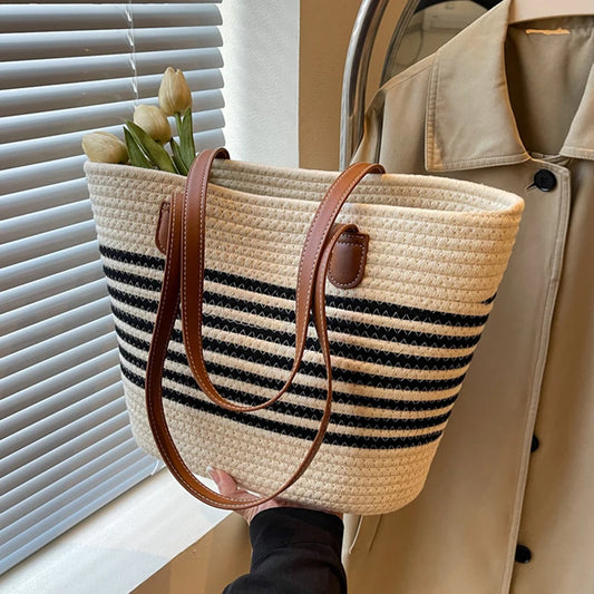 Striped Design Straw Tote Bag Large Capacity Beach Boho Style Handbag Fulfilment Shopping Bag