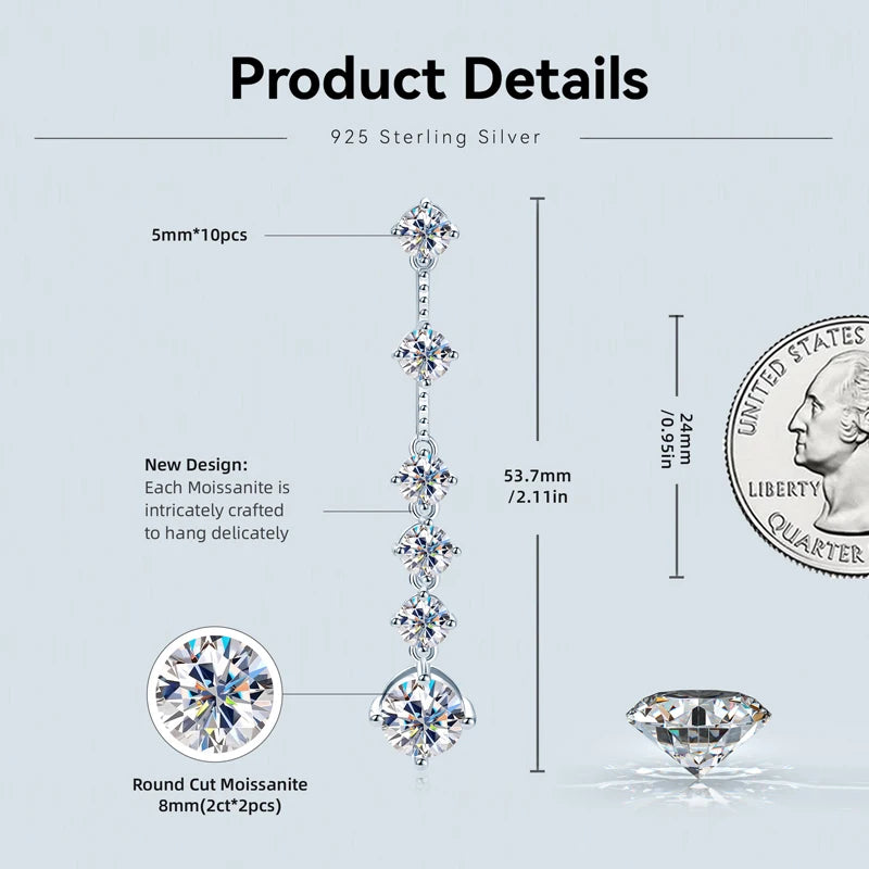 IOGOU Moissanite Diamond Long Drop Earrings for Girls Round  8mm Moissanite With 5mm Zircon Real 925 Silver 2023 Trend  Jewerly