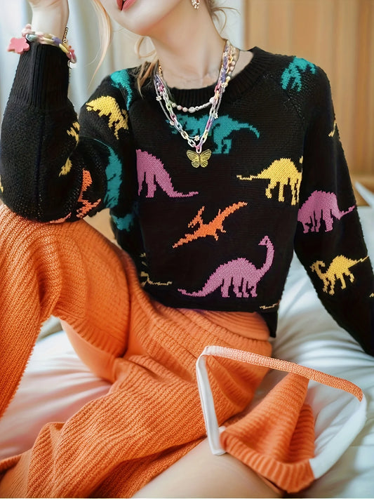Dinosaurs Print Crew Neck Pullover Sweater  Y2K Long Sleeve Color Block Knitted Sweater For Spring & Summer  Women's Clothing