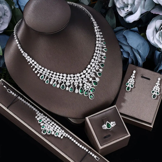 2024 Zircon Super Deluxe Tassel Water Drop Big Wedding Bridal Necklace Earrings 4 Pieces Nigerian Dubai Women's Jewelry Set