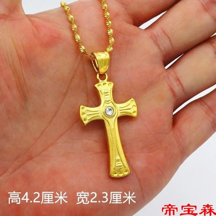 Cross Necklace men's and women's Plated 100% Real Gold 24k 999 clavicle chain 999 pendant ornament Pure 18K Gold Jewelry