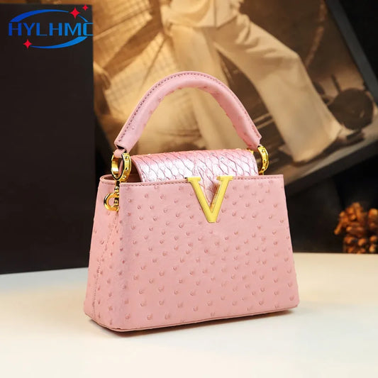 Luxury Fashion Leather Women's Handbags V Letter Small Shoulder Crossbody Bag Niche Ostrich Print Portable Messenger Shell Bags