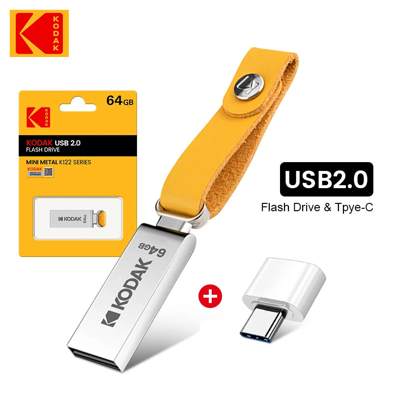KODAK USB Flash Drives Mini Pen Drive 128GB 64GB 32GB Pendrive Waterproof USB Memory Stick Leather Landyard + type C adapter