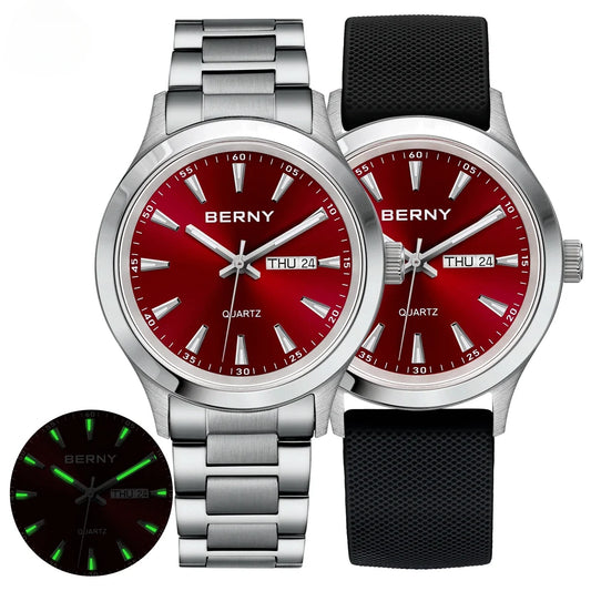 BERNY Men Watch Luminous Week Date Calendar Quartz watches for Men Stainless Steel Soft Silicone Dress Business Wristwatch