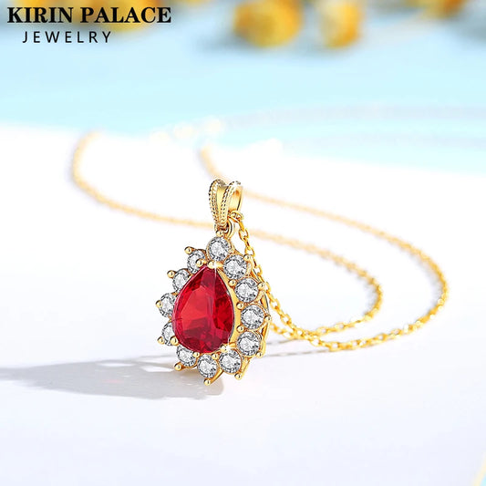 Red Corundum Pendant 18K Gold Necklaces Anniversary Valentine's Day Gift AU750 Gold Diamond Jewelry for Women
