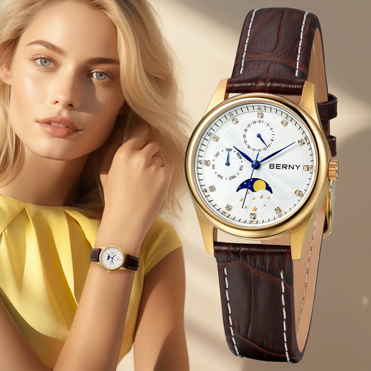 BERNY Moon Phase Watch for Women Calendar Date Week Quartz Women's Watches Leather Strap Elegant Casual Ladies Girl Wristwatch