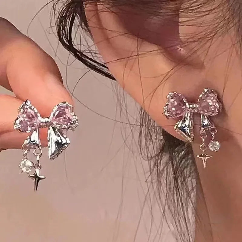 Korean Bowknot Zircon Stud Earrings for Women Trendy Cute Pink Crystal Earrings Personality Y2k Earring Girl Party Jewelry Gifts
