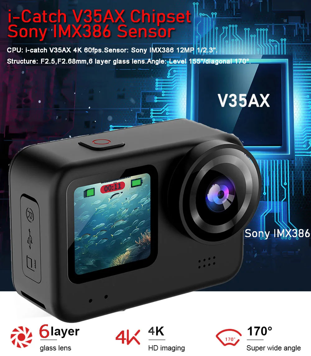 4K60FPS 20MP Action Camera 5M Body Waterproof EIS 170D Go Sports Pro Video Recording Dual Display 2" Touch Screen 1080P Webcam