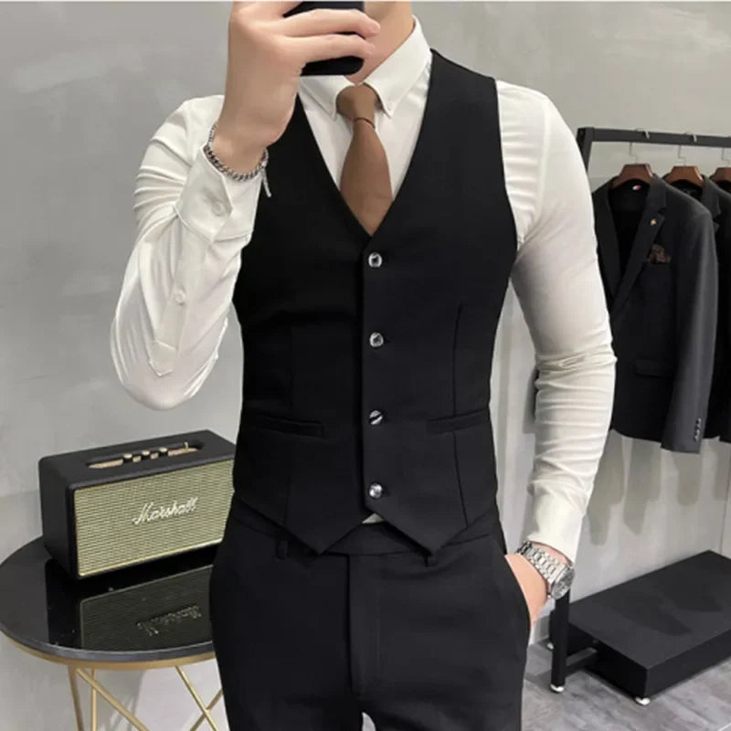 ( Jacket + Vest + Pants ) High-end Brand Boutique Fashion Solid Color Mens Casual Business Suit 3Piece Set Groom Wedding Dress