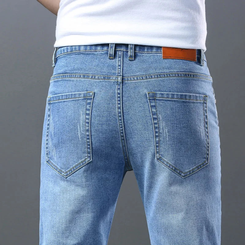 2024 Summer Men's High Quality Thin Blue Slim Jeans Classic Style Business Straight Stretch Denim Pants Male Brand Trousers