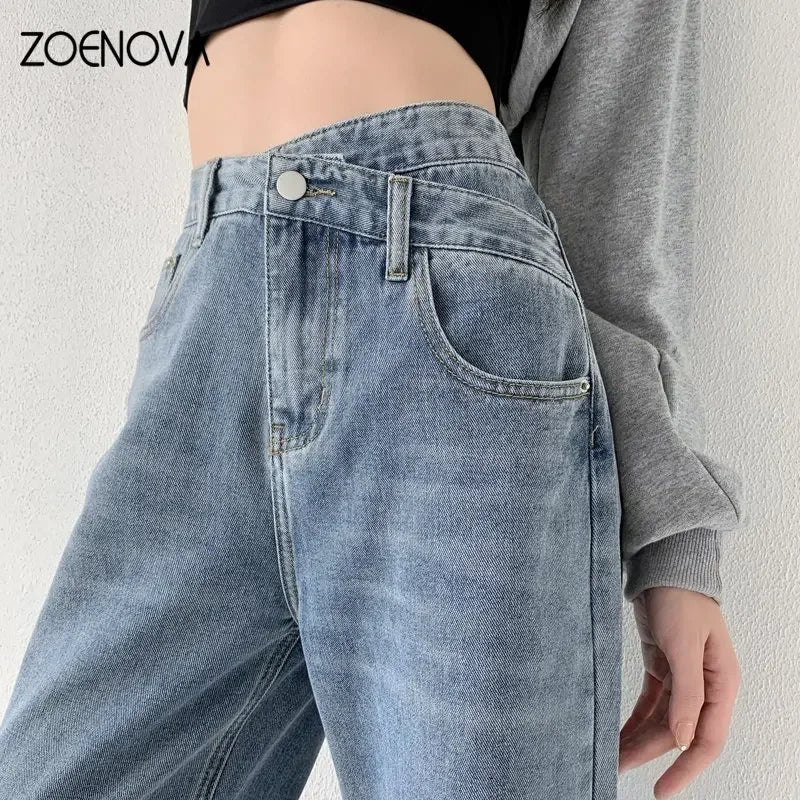 ZOENOVA Baggy Straight Jeans Y2K Office Lady Women's Loose Pants Fashion Light Blue Cross High Waisted New Design Retro Trousers