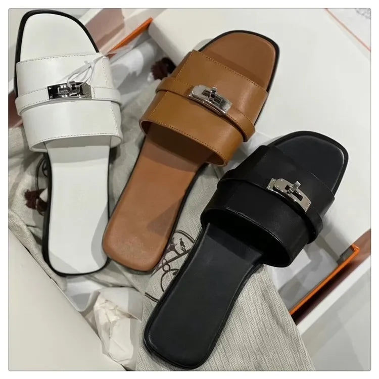 2024 Hot Sale Women Slippers Peep Toe Flat Heels Metal Decor Designer Ladies Mules Brand Runway Slides Women Sandalias Mujer