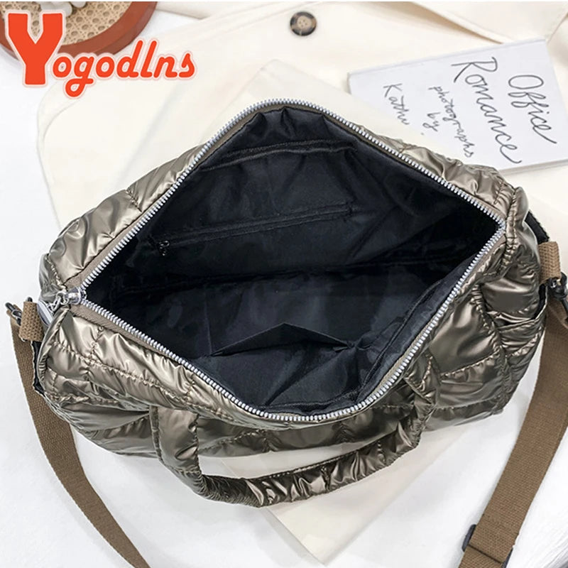 Yogodlns Luxury Space Padded Cotton Handbag Big Capacity Shoulder Bag Waterproof Nylon Bag Travel Down Crossbody Bag Purse Bolsa