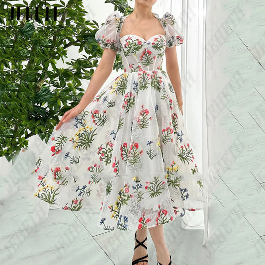 JEHETH Floral Embroidery Prom Dress Flowers A-Line Sweetheart  Tea-Length Lace Up Puff Sleeves Tulle Formal Occasion Dresses