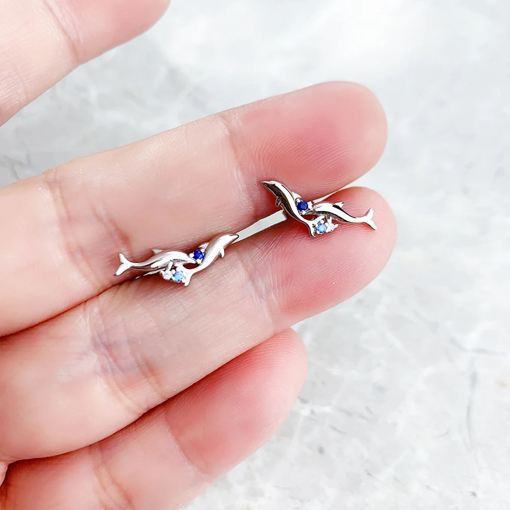 Ear Climber Dolphins With Blue Stones,Europe Style Fine Jewerly For Women Handcrafted Gift In 925 Sterling Silver