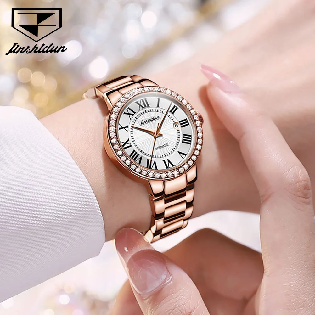 JSDUN Automatic Mechanical Watch for Women Rose Gold Steel Strap Classic Retro Roman Numerals Dial Waterproof Women's Wristwatch