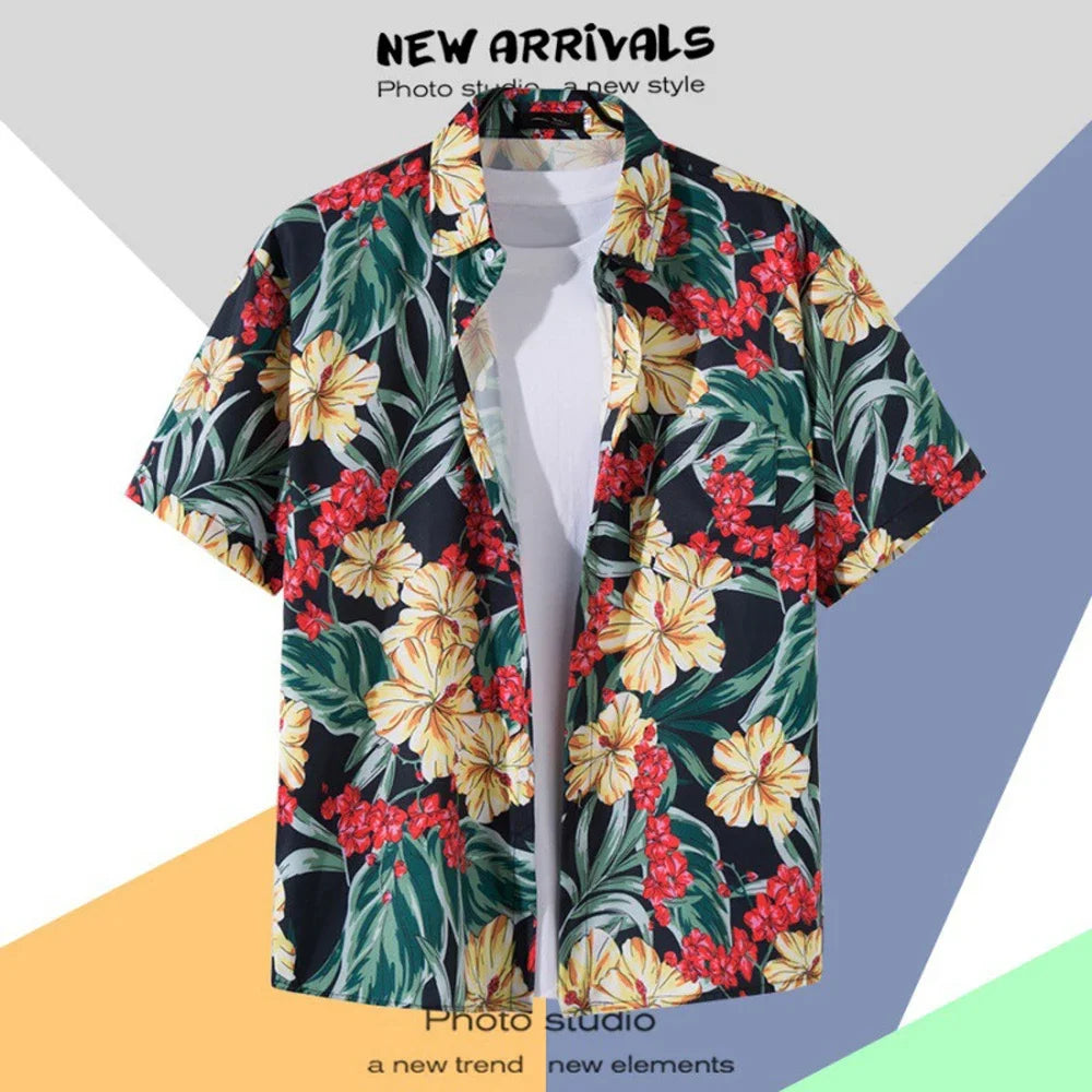 Men's Hawaiian Shirt Retro Printing Single-breasted Beach Short-sleeved T-shirt Summer Holiday Masquerade Men's Clothing