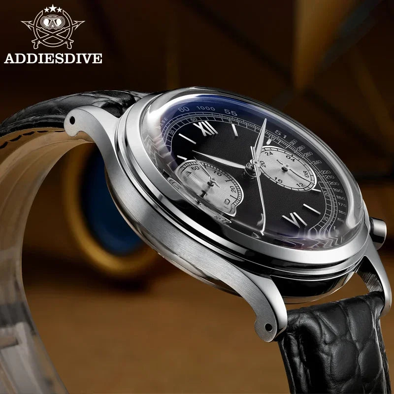 ADDIESDIVE AD2037 Men Quartz Watch Multifunctional 24 Hour Chronograph Black Dial Leather Watches  100m Dive Business Wristwatch
