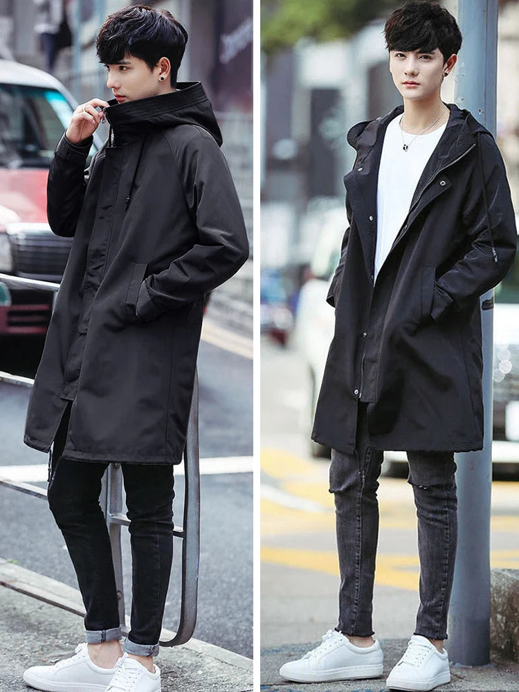 Spring Autumn Long Trench Coat Men Fashion Hooded Windbreaker Black Overcoat Casual Jackets