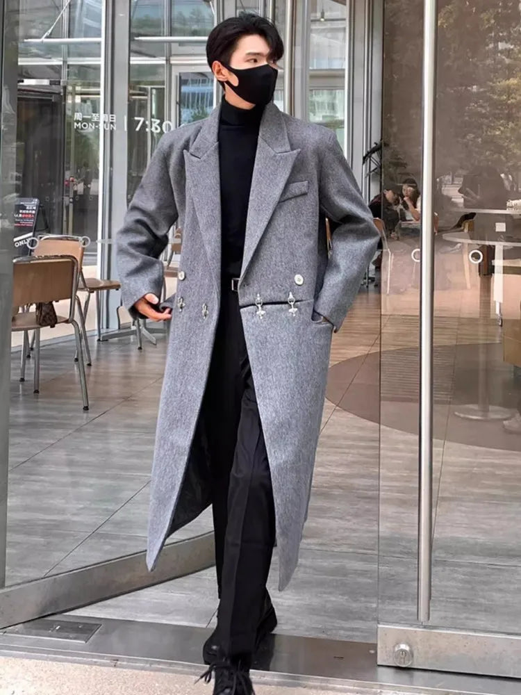 Fashion Men Long Woolen Blends Coat Winter Loose Fit Business Casual Overcoat Metal Buckle Shoulder Pad Windbreaker Trench Coat