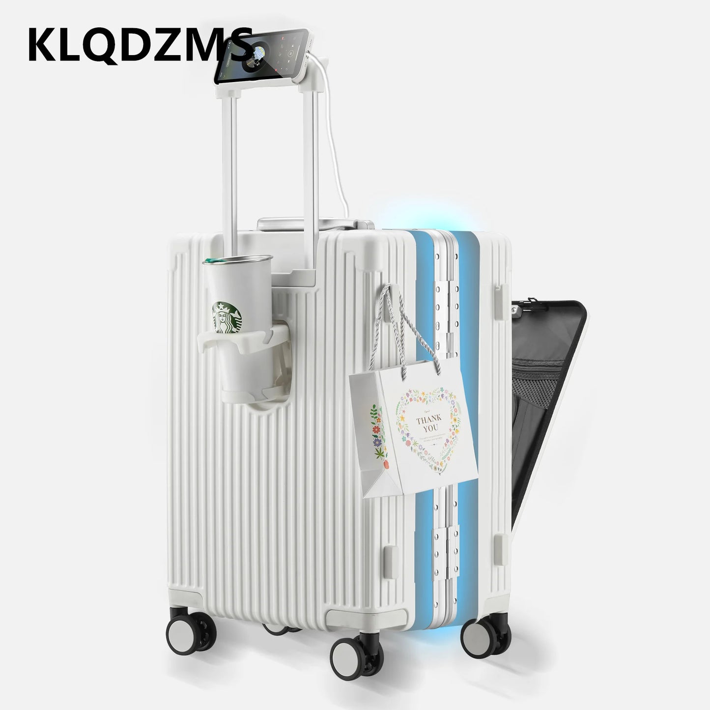 KLQDZMS Laptop Suitcase Front Opening Boarding Case 18 Inch Aluminum Frame Trolley Case Wheeled Travel Bag Cabin Luggage