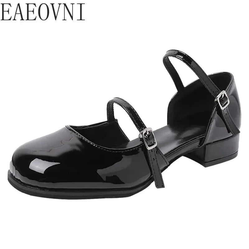 New Mary Jane Shoes Buckle Pumps Women Thick Heels Elegant Shallow Square Toe Footwear Party Office Lady Leather Shoes