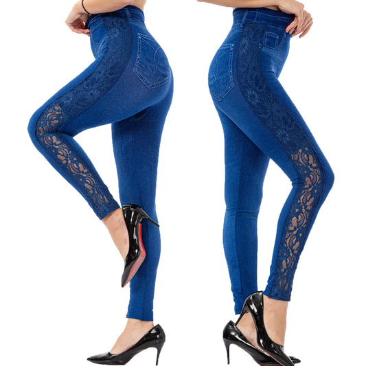 See-Through Lace Leggings High Waist Imitation Denim Legging Women Elastic Jeggings Printing Casual Trousers Pencil Pants