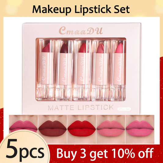 5pcs/Box Makeup Lipstick Set 24 Hours Waterproof Matte Long Last No Fade Lip Tint Moisture Sexy Red Lip Make-up for Women Beauty
