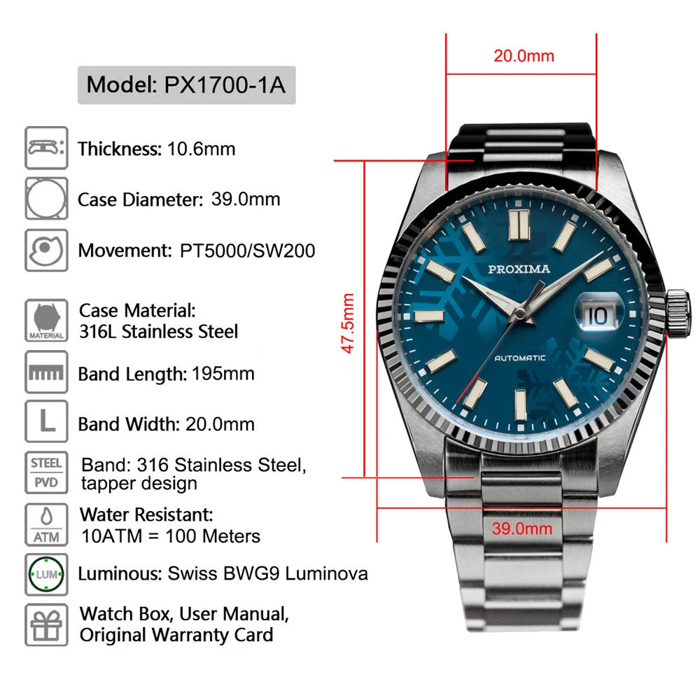 PX1700-1A Men's Watches 39mm Luxury Dress Watch For Men Automatic Flat Sapphire PT5000 SW200 Convex Mirror Wristwatch 2023 New