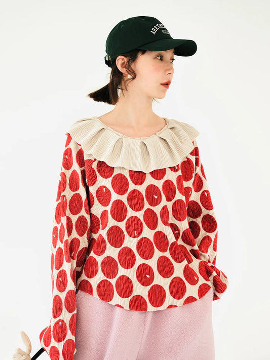 imakokoni original design lapel long sleeve pullover T-shirt fall casual loose polka dot top women's wear 223919