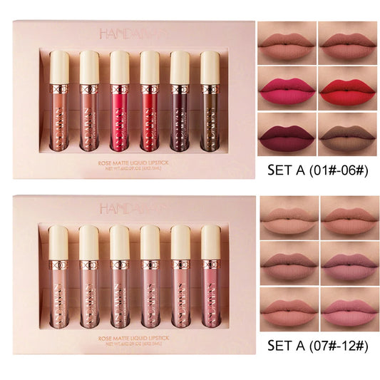 6-Color Matte Rose Nude Lip Gloss Liquid Lasting Waterproof Lipstick Set Velvet Liquid Lipstick Women's Lip Gloss Makeup Set Box