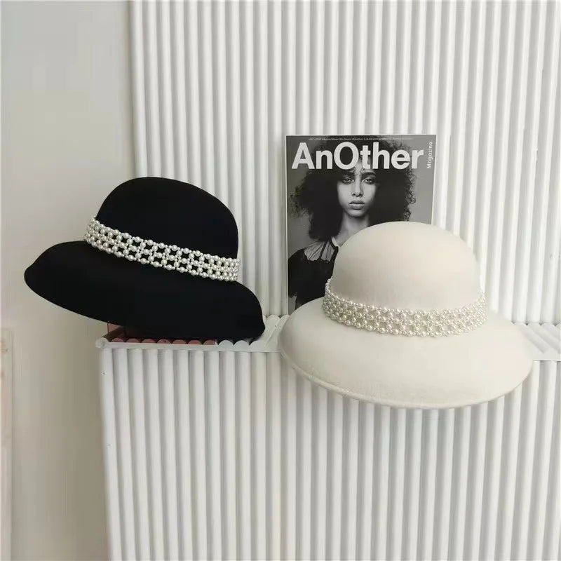 Autumn Winter 100% Wool Hat Bell Hat Women's French Elegant Retro Hepburn Autumn and Winter Celebrity Pearl Wool Felt Bucket Hat