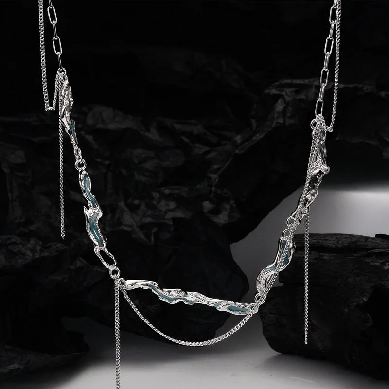 F.I.N.S Ice Lake Series S925 Sterling Silver Irregular Mint Blue Enamel Chain Tassel Clavicle Chain Texture Multi-layer Necklace