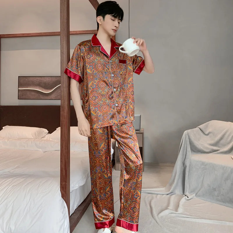 High Quality Pajamas Suit Men Summer Ice Silk Short Sleeved Long Pants Thin Male Satin Sleepwear Youth Homewear Set Gentlemen