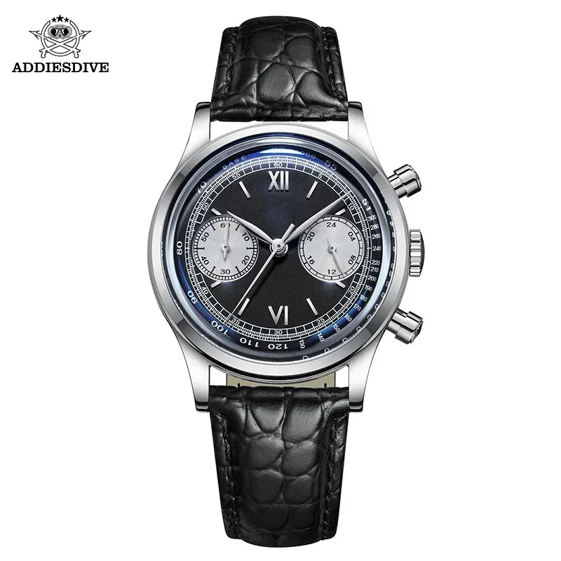 ADDIESDIVE AD2037 Men Quartz Watch Multifunctional 24 Hour Chronograph Black Dial Leather Watches  100m Dive Business Wristwatch