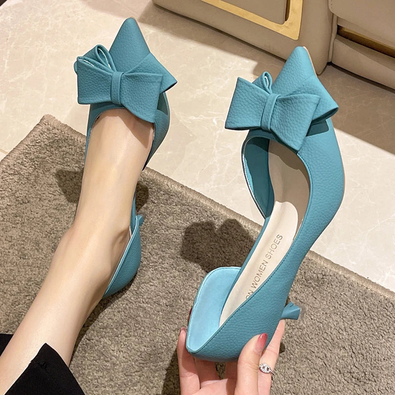 JMPRS Blue Bowtie Thin Heeled Pumps Women 2022 Autumn PU Leather Slip on High Heels Shoes Woman Pointed Toe Party Shoes Mujer