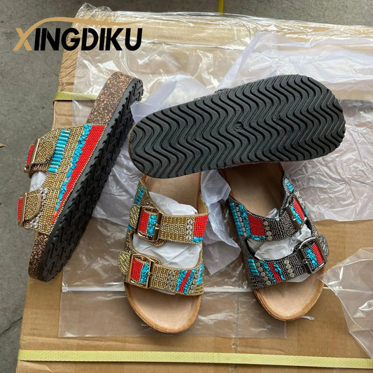 Classic Designer New Retro Ethnic Style Gold Buckle Spot Drill Decorative Hollow Women Slippers Flat Woman 2023 Brand Shoes