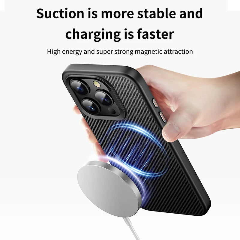 Carbon Fiber Magnetic Explosion-proof Phone Case For iPhone 12 13 14 15 Pro Max Plus Glass Lens Film Magsafe Wireless Charging