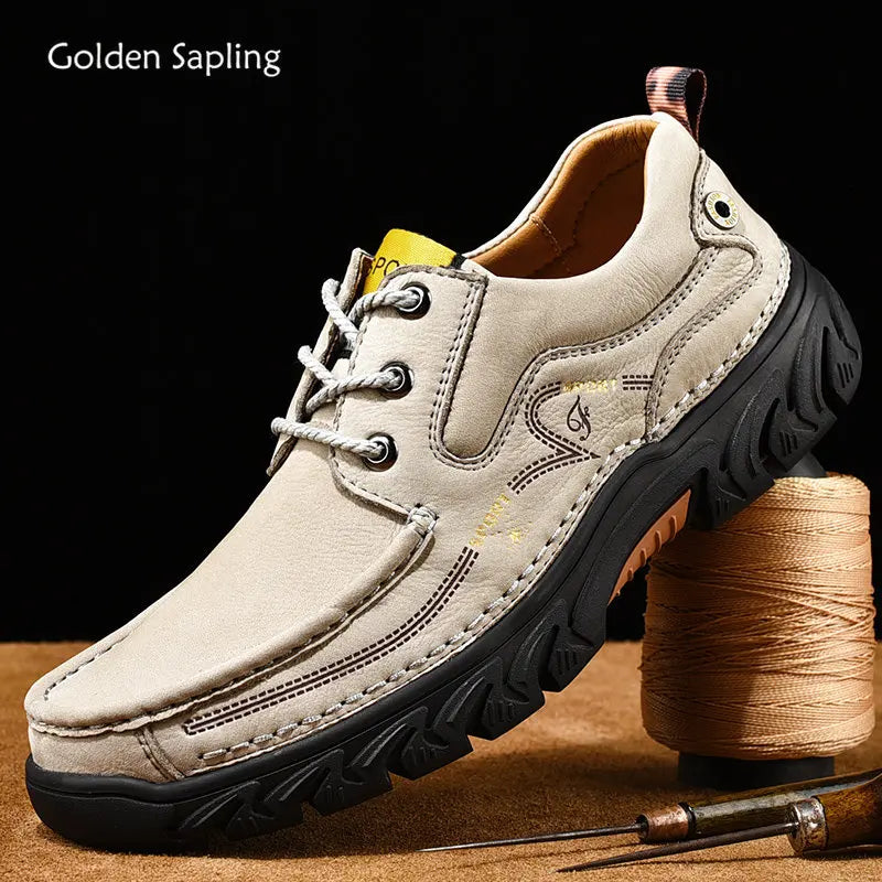 Golden Sapling Genuine Leather Loafers Men's Casual Shoes Work Safety Footwear Moccasins Leisure Flats Retro Platform Men Shoes