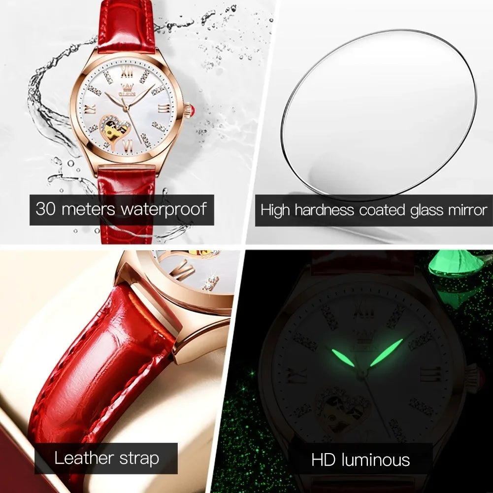 OLEVS 6636 Automatic Mechanical Women Wristwatches Genuine Leather Strap Waterproof Fashion Watch For Women