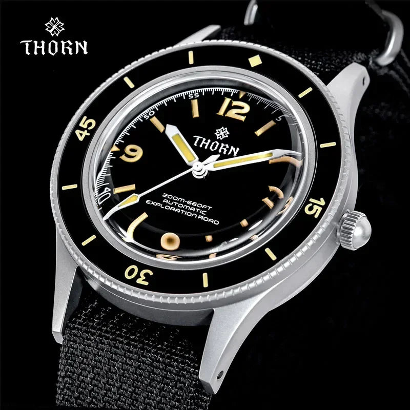 THORN 50-Fathoms Watch Men 40MM Vintage NH35 Movement Automatic K9 Mineral Crystal TR900 C3 Luminous Barracuda 200M Waterproof