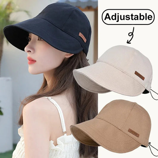 Solid Color Soft Cotton Women Girl Bucket Hat Spring Summer Adjustable Outdoor Beach Sun Hats Foldable Panama Caps Ponytail Cap