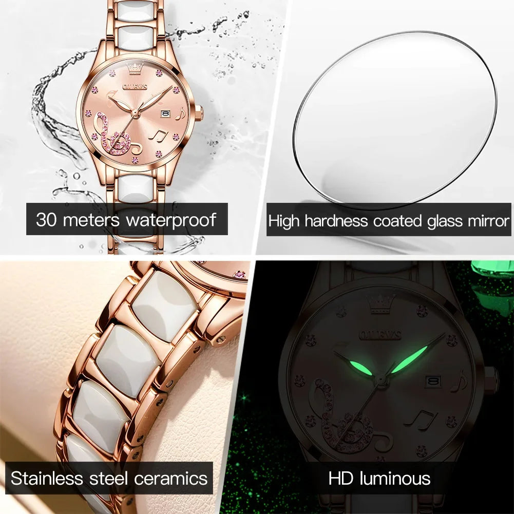 OLEVS 3605 Ceramic Strap Japan Quartz Women Wristwatch, Ceramics Luxury Fashion Waterproof Watch For Women Luminous Calendar