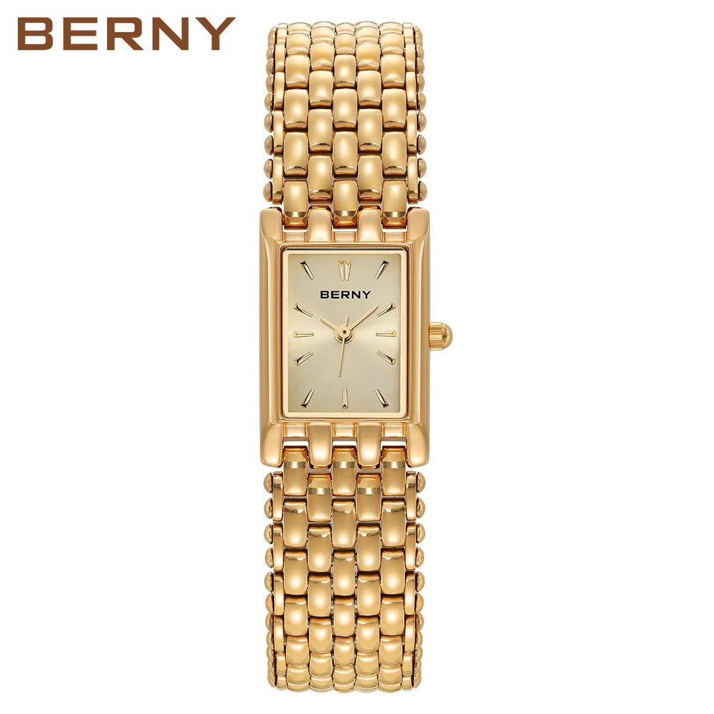 BERNY Gold Watch for Women Square Ladies Quartz Wristwatches Stainless Steel Women Small Gold Watch Luxury Casual Fashion Watch